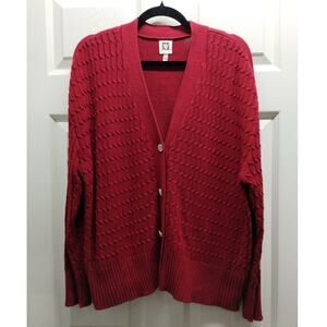 Anne Klein Size XL Red Cable Knit Jeweled Rhinestone Button Up Cardigan Sweater